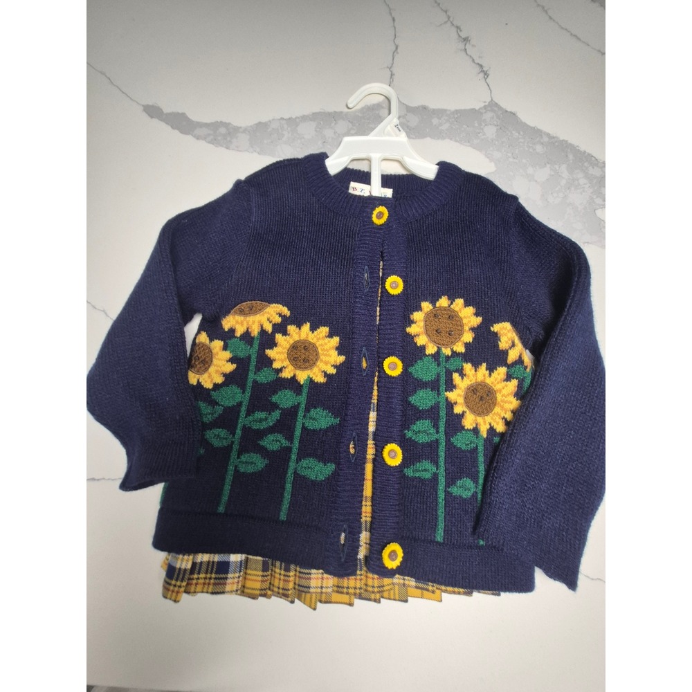 Vintage B.T. Kids Sunflower Cardigan and Plaid Skirt Set Navy Yellow 3T